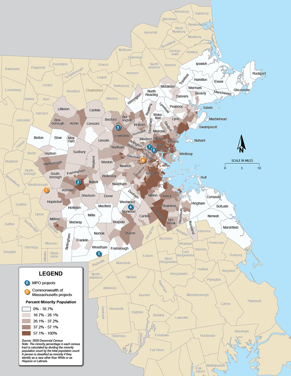 This figure is a map of the Boston region that displays the locations of Recommended Plan projects and census tracts shaded by their share of minority population. 
